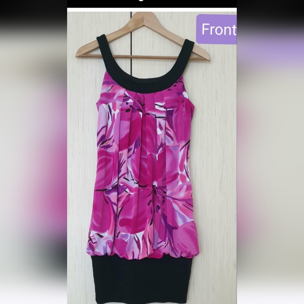 B C XPink Floral Print Tank Dress with Black Trim.